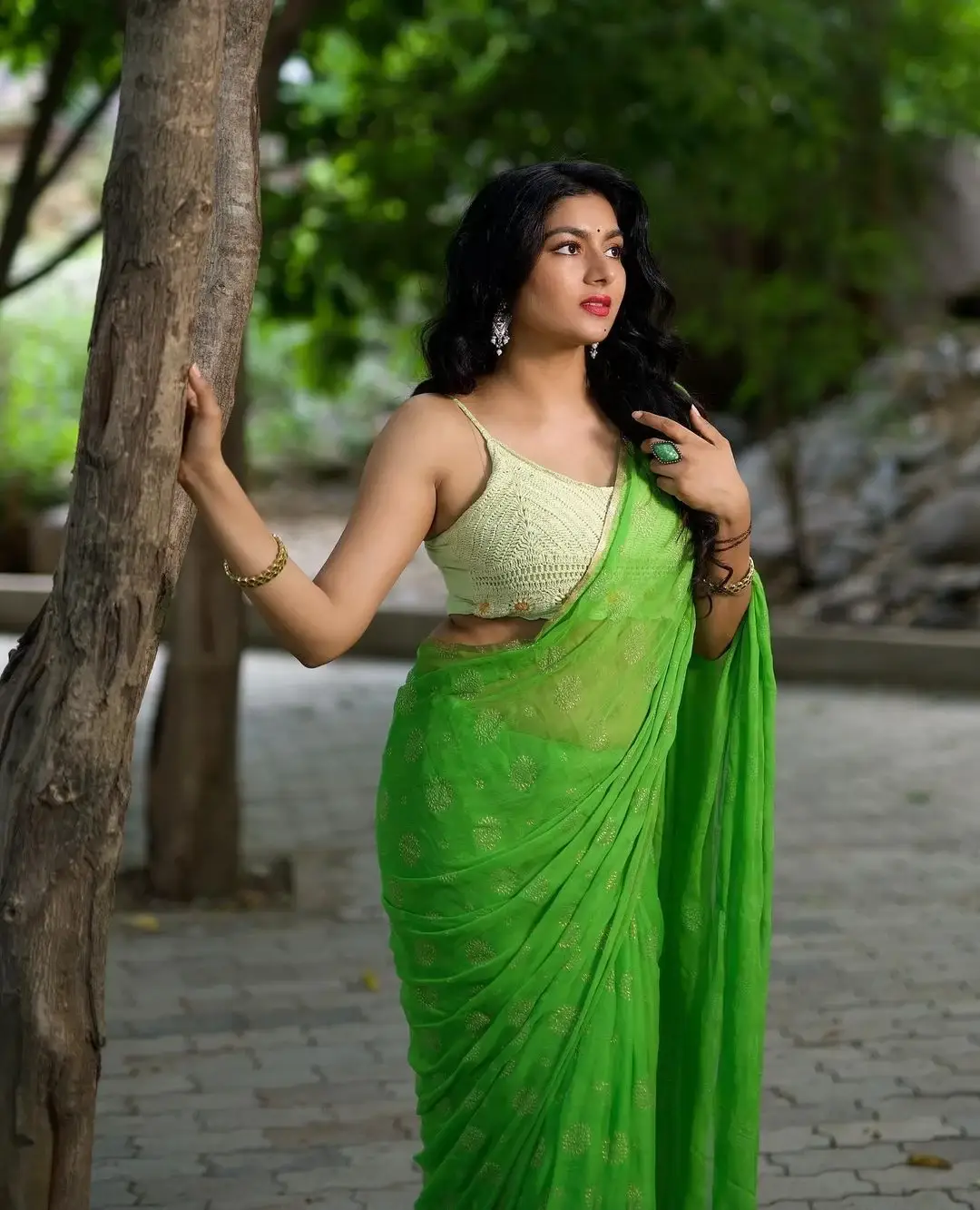 South Indian Actress Akshatha Srinivas in Green Saree